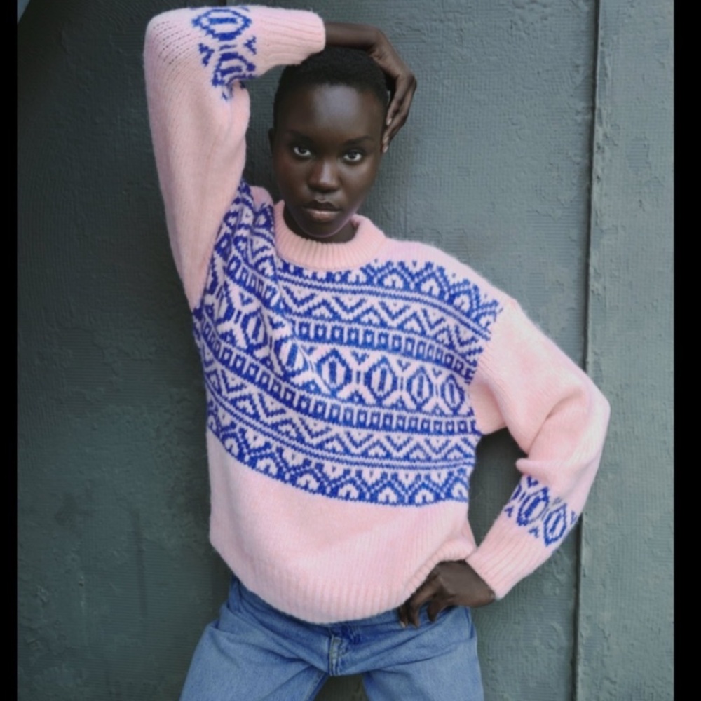 ZARA BUBBLEGUM PINK & BLUE KNIT SWEATER | CREW NECK | LONG SLEEVES | M - Picture 2 of 12